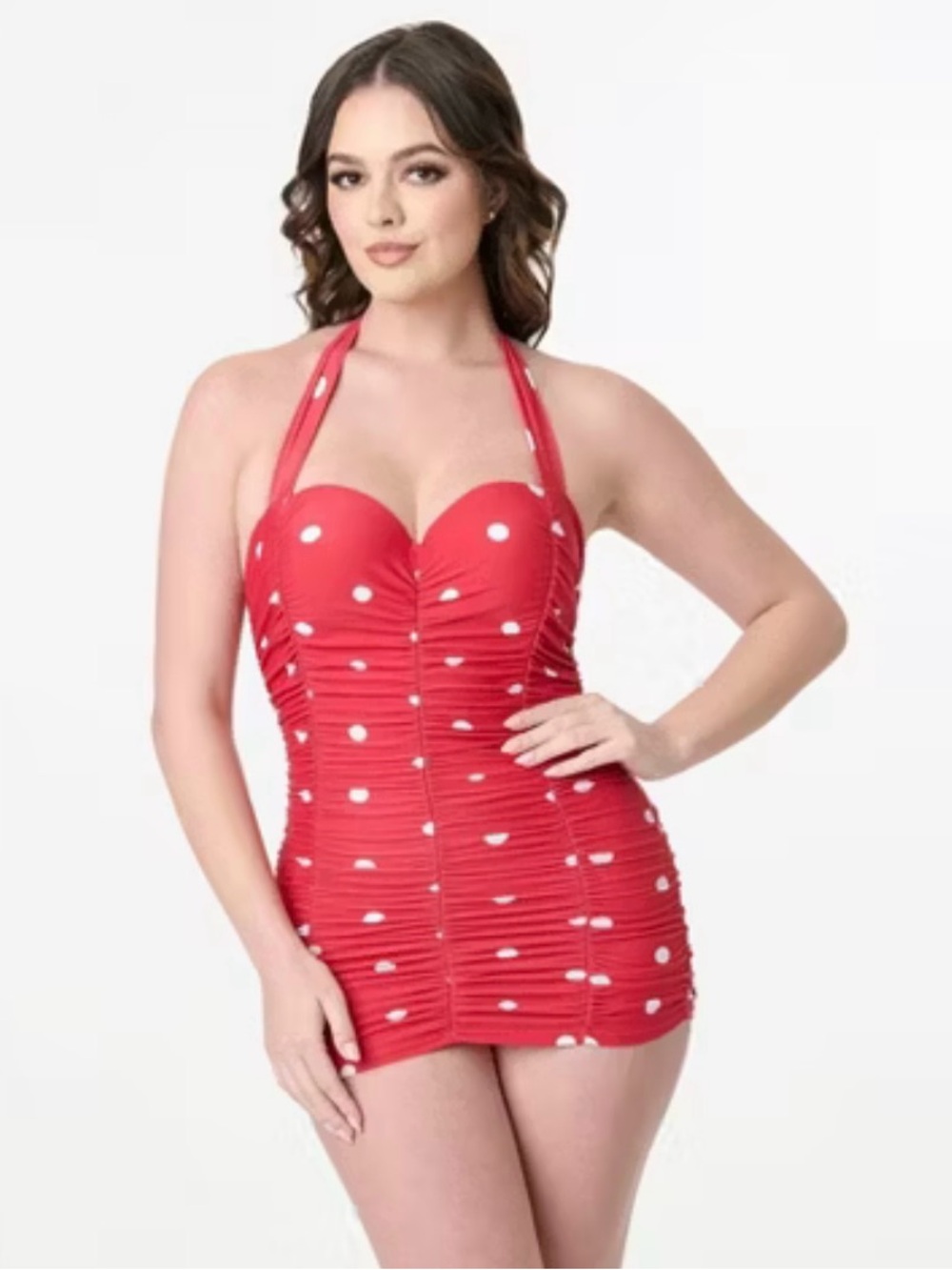 Unique vintage swim mansfield halter red white one piece dot swimsuit medium